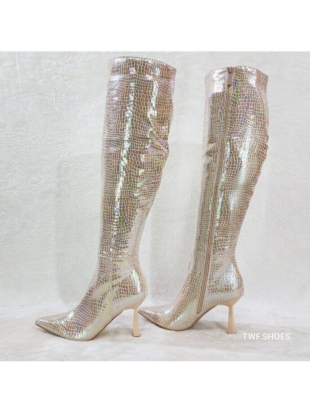 Sharp Champagne Cream Hologram Snake Print High Heel Knee Boots